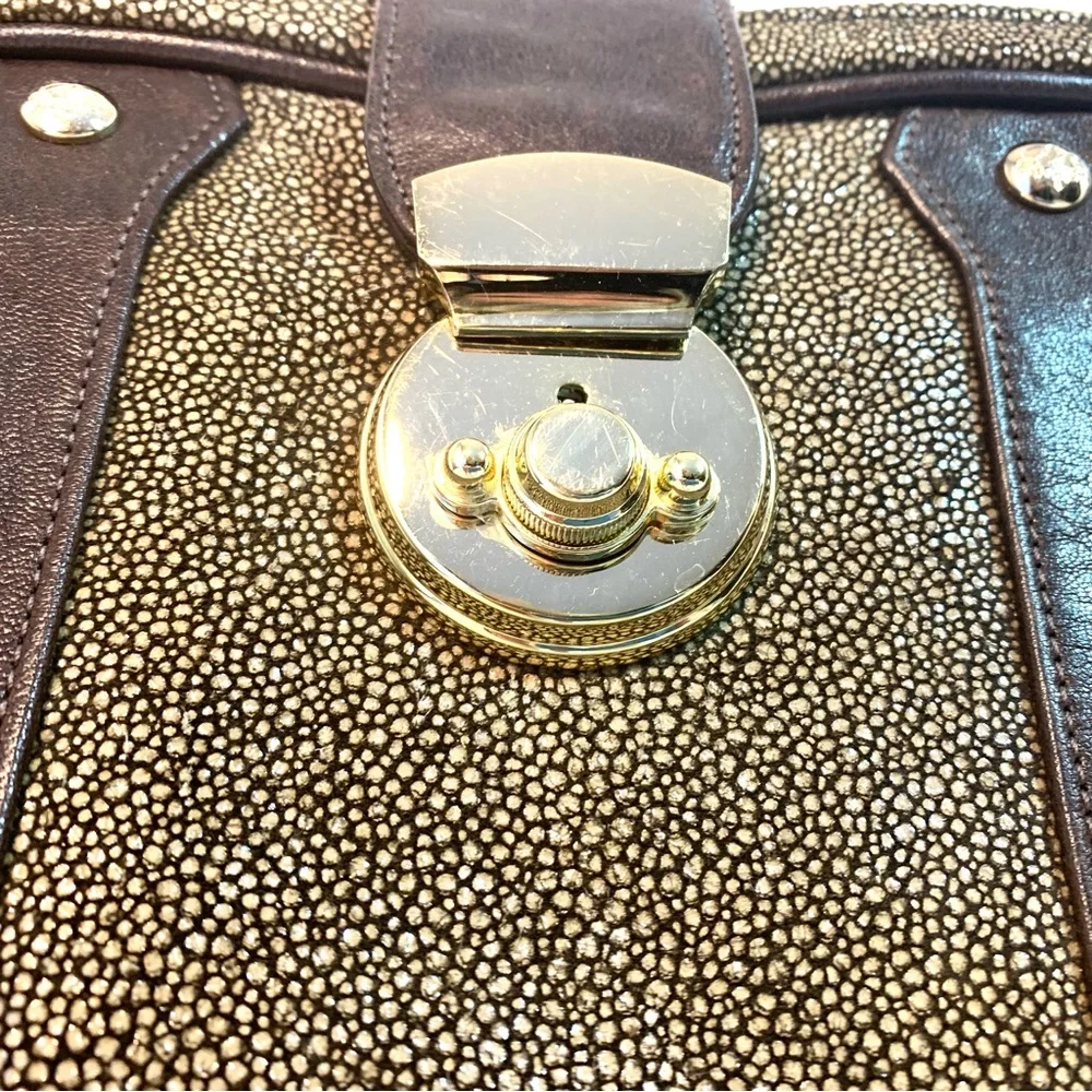 REBECCA MINKOFF Laptop Tablet Business Clutch Case Brown & Metallic Leather